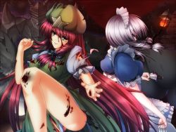 Rule 34 | 2girls, bad id, bad pixiv id, beret, blood, female focus, floating hair, from behind, hat, hong meiling, ishibashi, izayoi sakuya, knees, knife, lamp, leg up, maid headdress, multiple girls, red hair, side slit, silver hair, embodiment of scarlet devil, torn clothes, touhou