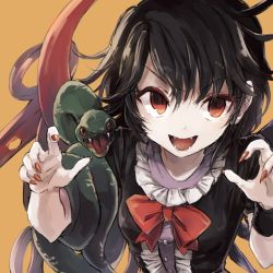 Rule 34 | 1girl, asymmetrical wings, black hair, dress, fangs, highres, hisona (suaritesumi), houjuu nue, nail polish, open mouth, orange background, red eyes, short hair, short sleeves, simple background, smile, snake, solo, touhou, upper body, wings, wrist cuffs