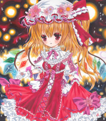 Rule 34 | 1girl, asa1014, bad id, bad pixiv id, blonde hair, blush, bow, clothes lift, dress, dress lift, flandre scarlet, flower, gloves, hat, hat bow, hat flower, red eyes, sash, shikishi, side ponytail, solo, touhou, wings