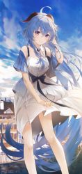 Rule 34 | 1girl, absurdres, ahoge, artist name, bare legs, black bow, blue hair, blue sky, blush, bow, building, cloud, cloudy sky, dated, dress, ganyu (genshin impact), genshin impact, highres, horns, long hair, looking at viewer, outdoors, purple eyes, sidelocks, signature, sky, smile, solo, standing, swkl:d, teeth, white dress