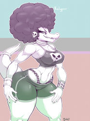 Rule 34 | afro, bracelet, claws, covered erect nipples, cowboy shot, donkey kong (series), donkey kong country, earrings, eyelashes, fangs, jewelry, kalypso, kremling, necklace, nintendo, sharp teeth, shorts, smile, spiked bracelet, spikes, tail, teeth, thong, whale tail (clothing)