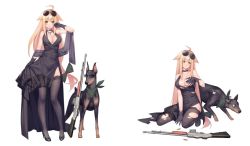 Rule 34 | 1girl, ahoge, alternate costume, automatic rifle, aviator sunglasses, blonde hair, blush, breasts, choker, cleavage, covering privates, covering breasts, doberman, dog, dress, eyewear on head, formal, full body, girls&#039; frontline, gloves, green eyes, gun, high heels, jewelry, light machine gun, long hair, low-tied long hair, m1918 (girls&#039; frontline), m1918 (tender nocturne) (girls&#039; frontline), m1918 bar, machine gun, necklace, official alternate costume, official art, simple background, smile, squad automatic weapon, suisai., sunglasses, thighhighs, torn clothes, torn dress, torn legwear, very long hair, weapon, white background