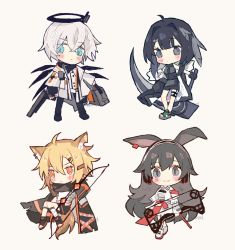 Rule 34 | 1boy, 3girls, ahoge, animal ear fluff, animal ears, april (arknights), arknights, bandaged leg, bandages, black footwear, black hair, black jacket, black pants, blonde hair, blue eyes, blush stickers, bow (weapon), brown eyes, chibi, closed mouth, commentary, english commentary, executor (arknights), grey background, grey eyes, gun, hair between eyes, hair intakes, hair ornament, hairclip, halo, highres, holding, holding bow (weapon), holding gun, holding weapon, jacket, la pluma (arknights), loafers, melanbread, multiple girls, notched ear, open clothes, open jacket, pants, sandals, shoes, silver hair, simple background, tail, toeless footwear, vermeil (arknights), weapon, white footwear, white jacket