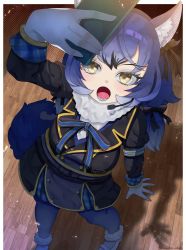 Rule 34 | 1girl, animal costume, animal ear fluff, animal ears, blue hair, cellphone, dire wolf (kemono friends), gloves, highres, kedama (ughugjydthjdf), kemono friends, kemono friends v project, kneehighs, long hair, microphone, neckerchief, open mouth, phone, ribbon, school uniform, skirt, smartphone, socks, solo, tail, twintails, virtual youtuber, wolf costume, wolf ears, wolf girl, wolf tail