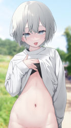 Rule 34 | 1girl, arm behind back, bottomless, clothes lift, exhibitionism, eyebrows hidden by hair, grey eyes, hair between eyes, hand on own chest, highres, hip bones, lifting own clothes, long sleeves, navel, noah gaa, original, outdoors, public indecency, shirt lift, short hair, silver hair, sleeves past wrists, solo, stomach, tongue, tongue out