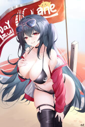 Rule 34 | &gt; &lt;, 1girl, azur lane, bare shoulders, bikini, black bikini, black choker, black hair, black thighhighs, breasts, choker, cleavage, eyewear on head, gluteal fold, hair between eyes, hand on own chest, highres, jacket, large breasts, leaning forward, long hair, looking at viewer, manjuu (azur lane), multi-strapped bikini bottom, multi-strapped bikini top, nanoda002 (saber427), official alternate costume, race queen, red eyes, red jacket, smile, solo, swimsuit, taihou (azur lane), taihou (enraptured companion) (azur lane), thigh strap, thighhighs, very long hair
