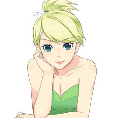 Rule 34 | 1girl, bad id, bad pixiv id, bare shoulders, blonde hair, blue eyes, breasts, cleavage, disney, hand on own face, lipstick, looking at viewer, makeup, peter pan (disney), pointy ears, sasakure, simple background, smile, solo, tinker bell (disney), white background