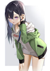 Rule 34 | 1girl, :d, absurdres, adjusting hair, aimiya natsume, black hair, blush, clothes writing, cowboy shot, drawstring, gradient background, green jacket, grey background, hand on own thigh, highres, hood, hood down, hoodie, ichinose uruha, jacket, leaning forward, long hair, long sleeves, looking at viewer, no pants, off shoulder, open clothes, open jacket, open mouth, purple eyes, smile, solo, virtual youtuber, vspo!, white hoodie