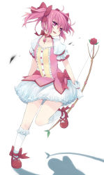 Rule 34 | 10s, 1girl, bad id, bad pixiv id, bow, bow (weapon), bubble skirt, choker, dress, flower, full body, gloves, hair bow, highres, kaname madoka, kaname madoka (magical girl), magical girl, mahou shoujo madoka magica, mahou shoujo madoka magica (anime), mizuki (koko lost), open mouth, pink eyes, pink hair, puffy sleeves, red flower, red rose, rose, shoes, short hair, short sleeves, short twintails, simple background, skirt, smile, socks, solo, twintails, weapon, white gloves, white socks