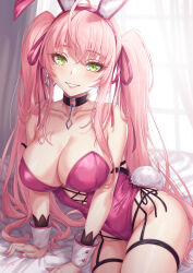 Rule 34 | 1girl, animal ears, black choker, breasts, choker, cleavage, collarbone, detached collar, earrings, fake animal ears, green eyes, grin, hair ribbon, highres, jewelry, large breasts, leaning to the side, leotard, long hair, looking at viewer, nail polish, original, pink hair, pink nails, playboy bunny, rabbit ears, rabbit tail, ribbon, sakiyamama, smile, solo, tail, twintails, very long hair, wrist cuffs