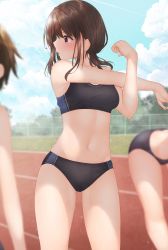 Rule 34 | 3girls, bent over, black buruma, black sports bra, blue sky, breasts, brown eyes, brown hair, buruma, cloud, day, exercising, expressionless, gluteal fold, highres, looking away, looking to the side, midriff, minato ojitan, multiple girls, navel, original, outdoors, outstretched arm, running track, short hair, sky, small breasts, sports bikini, sports bra, sportswear, stretching, thighs, track and field