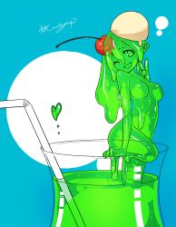 Rule 34 | 1girl, akira (meltyhip), blue background, breasts, cherry, colored skin, completely nude, cup, drinking straw, female focus, food, fruit, green skin, head tilt, heart, highres, mini person, minigirl, monster girl, nude, on one knee, one eye closed, original, pointy ears, slime girl, solo, v