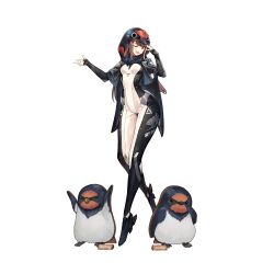 Rule 34 | 1girl, beak, bird, bird costume, bird hood, black bodysuit, black footwear, blunt bangs, blush, bodysuit, breasts, brown hair, capelet, cardboard, cardboard cutout, d-log, english text, full body, game cg, highres, last origin, long hair, long legs, looking at viewer, multicolored bodysuit, multicolored clothes, official alternate costume, official art, one eye closed, open mouth, penguin, red eyes, see-through, see-through capelet, simple background, skin tight, sleipnir (last origin), small breasts, smile, solo, swallow (bird), tachi-e, transparent background, white bodysuit, wide hips