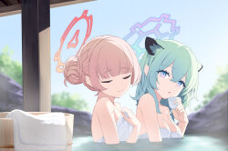 Rule 34 | 2girls, animal ears, blonde hair, blue archive, blunt bangs, blurry, blurry background, breasts, bucket, cleavage, closed eyes, closed mouth, cup, depth of field, extra ears, green hair, halo, holding, holding cup, looking at viewer, medium breasts, multiple girls, naked towel, nodoka (blue archive), onsen, outdoors, partially submerged, pink eyes, rururiiro, shigure (blue archive), steam, sunlight, towel, wooden bucket