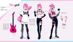 Rule 34 | !, !!, 1boy, absurdres, arrow (symbol), arrow through heart, asymmetrical clothes, asymmetrical legwear, belt, black choker, black footwear, black gloves, black horns, black pants, boots, bracelet, breasts, character name, character sheet, choker, clothes writing, collar, collarbone, commentary, cross, cross-laced footwear, cross choker, ear piercing, earrings, elbow gloves, electric guitar, english text, fingerless gloves, full body, gloves, grey hair, guitar, hair ornament, hair over one eye, hair tie, hand in pocket, heart, heart-shaped eyewear, heart choker, heart hair ornament, high ponytail, highres, holding, holding phone, horns, instrument, jewelry, knee boots, lace-up boots, layered sleeves, leaning back, long shirt, looking at viewer, male focus, mask, mazamuno, medium hair, middle finger, mismatched legwear, mongrel (oncha), mouth mask, mouth piercing, multicolored hair, multiple views, nail polish, navel, navel piercing, o-ring, original, pants, phone, piercing, pink background, pink eyes, pink hair, pink nails, ponytail, ring, shirt, short hair, short ponytail, short sleeves, single pantsleg, single thighhigh, smile, spiked bracelet, spikes, spoken exclamation mark, standing, stomach, striped, sunglasses, t-shirt, thigh boots, thigh strap, thighhighs, tongue piercing, torn clothes, torn legwear, two-tone hair, white horns, white shirt, wristband, yami kawaii