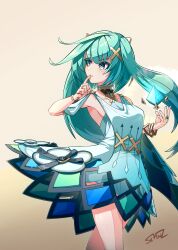 Rule 34 | 1girl, absurdres, aqua dress, aqua hair, bracelet, breasts, commentary request, cowboy shot, dress, faruzan (genshin impact), finger to mouth, genshin impact, hair ornament, highres, jewelry, long hair, ring, schnuz, small breasts, solo, standing, thighs, twintails, very long hair, x hair ornament