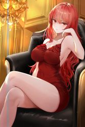 Rule 34 | 1girl, absurdres, bare arms, bare legs, bare shoulders, breasts, chandelier, cleavage, couch, crossed legs, dress, hand on own face, head rest, highres, light blush, lillly, looking at viewer, no bra, original, red dress, red eyes, red hair, serious, sideboob, sitting, sleeveless, solo, thighs, wavy hair