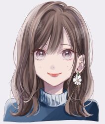 Rule 34 | 1girl, blue sweater, brown hair, closed mouth, commentary, cropped torso, earrings, flower, flower earrings, grey eyes, highres, jewelry, lipstick, looking at viewer, makeup, medium hair, original, portrait, red lips, saitou shiori (pixiv14549321), simple background, single earring, smile, straight-on, sweater, turtleneck, turtleneck sweater, wavy hair, white background, white flower