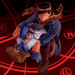 Rule 34 | 1boy, 1girl, ainu clothes, asirpa, black hair, blood, blood on clothes, blood on hands, blue eyes, blue hair, blue headband, boots, brown eyes, brown footwear, earrings, golden kamuy, hat, headband, highres, hoop earrings, jewelry, looking at viewer, military, military hat, military uniform, red background, scar, scar on face, scarf, sitting, sugimoto saichi, sumi wo hakuneko, uniform, yellow scarf
