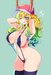 Rule 34 | 1girl, areola slip, arms behind head, ashiisaurus, baseball cap, blonde hair, blue hair, breasts, cleavage, curvy, dragon girl, dragon horns, gradient hair, green hair, hat, heart, highres, horns, kobayashi-san chi no maidragon, large breasts, licking lips, long hair, looking at viewer, lucoa (maidragon), multicolored hair, navel, one eye closed, simple background, slingshot swimsuit, solo, sparkle, stomach, sweat, swimsuit, thick thighs, thighhighs, thighs, tongue, tongue out, wink