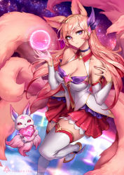 Rule 34 | 1girl, ahri (league of legends), alternate costume, alternate hair color, animal ears, bare shoulders, boots, breasts, cleavage, fox ears, fox tail, highres, large breasts, league of legends, long hair, magical girl, purple eyes, skirt, smile, solo, star guardian (league of legends), star guardian ahri, tail, thigh boots, thighhighs, tiara