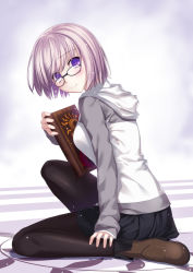 Rule 34 | 1girl, black pantyhose, book, book stack, fate/grand order, fate (series), glasses, hair over one eye, highres, holding, holding book, hood, hooded jacket, hoodie, jacket, looking back, mash kyrielight, necktie, pantyhose, purple eyes, purple hair, short hair, skirt, smile, solo, yoshida takuma