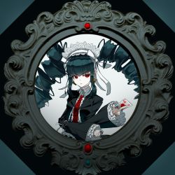 Rule 34 | 1girl, black background, black hair, blunt bangs, bonnet, card, celestia ludenberg, center frills, claw ring, commentary request, danganronpa: trigger happy havoc, danganronpa (series), drill hair, framed, frills, gothic lolita, grey background, hairband, highres, lolita fashion, lolita hairband, long hair, long sleeves, looking at viewer, necktie, parted lips, playing card, red eyes, red necktie, solo, twin drills, twintails, yomu (dangan yomu)