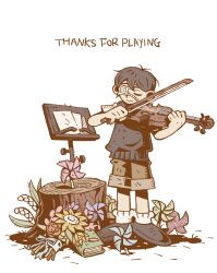 Rule 34 | 1boy, 9twoeight, black footwear, black sweater vest, book, bow (music), brown shorts, closed eyes, closed mouth, english text, eyepatch, facing viewer, flower, highres, holding, holding instrument, holding violin, instrument, music, music stand, omori, paper, pinwheel, playing instrument, shirt, short sleeves, shorts, simple background, socks, solo, spoilers, standing, sunny (omori), sweater vest, violin, white background, white shirt, white socks