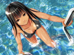 Rule 34 | 1girl, ano hito, bikini, black bikini, black hair, breasts, brown eyes, climbing, commentary request, covered erect nipples, eyebrows hidden by hair, from above, medium breasts, original, pool, smile, solo, sparkle, splashing, swimsuit, tan