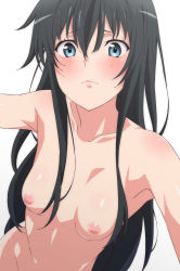 Rule 34 | 1girl, absurdres, black hair, blue eyes, blush, breasts, closed mouth, collarbone, commentary request, completely nude, hair between eyes, highres, long hair, looking at viewer, nude, nude filter, shou937, sidelocks, simple background, small breasts, solo, third-party edit, upper body, white background, yahari ore no seishun lovecome wa machigatteiru., yukinoshita yukino