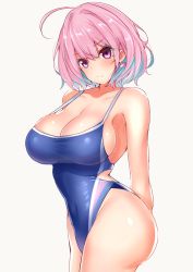 Rule 34 | 1girl, ahoge, arms behind back, bare shoulders, blue hair, blue one-piece swimsuit, blush, breasts, cleavage, closed mouth, collarbone, commentary request, covered navel, earrings, highleg, highleg swimsuit, highres, idolmaster, idolmaster cinderella girls, jewelry, large breasts, looking at viewer, multicolored hair, one-piece swimsuit, pill earrings, pink eyes, pink hair, sankakusui, short hair, simple background, solo, strap gap, swimsuit, two-tone hair, white background, yumemi riamu