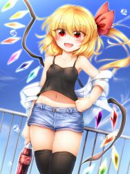Rule 34 | 1girl, :d, alternate costume, bare shoulders, black thighhighs, blonde hair, blouse, blue sky, blush, bottle, camisole, cloud, cola, collarbone, commentary request, contemporary, cowboy shot, day, denim, denim shorts, dutch angle, eyes visible through hair, fangs, flandre scarlet, hair between eyes, hand on own hip, highres, holding, holding bottle, long hair, looking at viewer, marukyuu ameya, midriff, navel, no headwear, off shoulder, one side up, open clothes, open mouth, open shirt, outdoors, railing, red eyes, shirt, short shorts, shorts, skindentation, sky, smile, solo, spaghetti strap, standing, stomach, thighhighs, thighs, touhou, white shirt