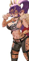 Rule 34 | 1girl, abs, animal ear fluff, animal ears, blonde hair, cheetah ears, cheetah tail, choker, claws, comic, duel monster, furry, furry female, hands up, high ponytail, highres, hsin, jewelry, leopard ears, leopard girl, long hair, multicolored hair, necklace, open mouth, pants, ponytail, purple hair, shorts, simple background, solo, sports bra, streaked hair, tight clothes, tight pants, tooth necklace, vanquish soul pantera, white background, yu-gi-oh!
