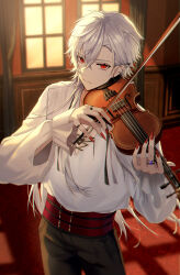 Rule 34 | 1boy, absurdres, arm cutout, belt, black pants, bow (music), commentary, cowboy shot, curtains, earrings, frown, highres, holding, holding bow (music), holding instrument, holding violin, indoors, instrument, jewelry, kawausoman, kuzuha (nijisanji), long hair, long sleeves, looking at viewer, male focus, mole, mole under eye, multiple belts, multiple earrings, multiple rings, music, nail polish, nijisanji, pants, playing instrument, red belt, red eyes, red nails, ring, shirt, solo, violin, virtual youtuber, white hair, white shirt, window