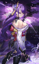 Rule 34 | 1girl, back tattoo, bare shoulders, black thighhighs, braid, breasts, cherry blossoms, cowboy shot, electricity, falling petals, flower, from side, genshin impact, hair flower, hair ornament, holding, holding sword, holding weapon, japanese clothes, kimono, long hair, looking at viewer, low-braided long hair, low-tied long hair, medium breasts, mitsudomoe (shape), obi, off shoulder, outdoors, parted lips, petals, purple eyes, purple hair, purple kimono, raiden shogun, sash, scottie (phantom2), sidelocks, single braid, solo, standing, sword, tattoo, thighhighs, thighs, tomoe (symbol), tree, very long hair, vision (genshin impact), weapon