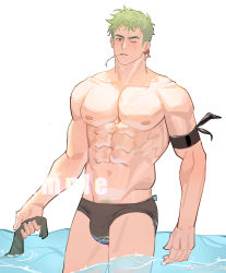 Rule 34 | 1boy, abs, absurdres, alternate costume, bara, black male swimwear, black swim briefs, blush, bulge, earrings, green hair, highres, jewelry, large pectorals, looking at viewer, male focus, male swimwear, messy hair, mint, muscular, muscular male, navel, nipples, one eye closed, one piece, pectorals, roronoa zoro, sample watermark, short hair, sideburns, single earring, solo, stomach, swim briefs, swimsuit, thick eyebrows, thighs, topless male, wading, watermark, wet, wet hair, xiedaifenshi (7329016845)