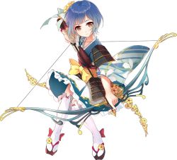 Rule 34 | 1girl, archery, arrow (projectile), artist request, blue hair, blue skirt, bow (weapon), brown eyes, flower, full body, gloves, hair flower, hair ornament, holding, holding arrow, holding bow (weapon), holding weapon, kitsuki (oshiro project), kyuudou, muneate, official art, oshiro project:re, oshiro project:re, partially fingerless gloves, partly fingerless gloves, quiver, short hair, skirt, smile, solo, transparent background, weapon, yugake