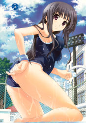 Rule 34 | 1girl, absurdres, adjusting clothes, adjusting swimsuit, artbook, ass, black hair, breasts, cloud, day, fujima takuya, highres, impossible clothes, impossible swimsuit, large breasts, long hair, one-piece swimsuit, original, purple eyes, sky, solo, swimsuit, thighs, water, wet