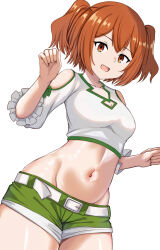 Rule 34 | 1girl, :d, absurdres, bare shoulders, belt, breasts, brown eyes, brown hair, cleavage cutout, clothing cutout, collarbone, commentary, cowboy shot, crop top, cropped shirt, frilled sleeves, frills, green shorts, groin, hair between eyes, hands up, highres, kanne (sousou no frieren), looking at viewer, medium breasts, medium hair, midriff, navel, nootomo, open mouth, shirt, short shorts, shorts, shoulder cutout, sidelocks, simple background, sleeves past elbows, smile, solo, sousou no frieren, standing, twintails, white background, white belt, white shirt
