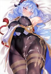 Rule 34 | 1girl, absurdres, adjusting clothes, ahoge, arm up, armpits, bare shoulders, bed sheet, bell, black gloves, black leotard, black pantyhose, blue hair, blush, bodystocking, breasts, cameltoe, cle masahiro, clothes lift, covered navel, cowbell, cum, cum on clothes, detached sleeves, embarrassed, female focus, ganyu (genshin impact), genshin impact, gloves, goat horns, gold trim, groin, hair spread out, half-closed eyes, highres, horns, large breasts, legs together, leotard, leotard pull, leotard under clothes, lifted by self, long hair, long sleeves, looking at viewer, lying, medium breasts, neck bell, on back, on bed, pantyhose, pulled by self, purple eyes, scan, sidelocks, solo, tassel, thighs, white sleeves