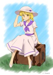 Rule 34 | 1girl, blonde hair, breasts, dress, haramin3, hat, highres, holding, holding clothes, holding hat, louise (touhou), no socks, purple sailor collar, sailor collar, sitting, small breasts, suitcase, sun hat, touhou, touhou (pc-98), white dress, white footwear, white hat, yellow eyes