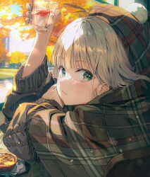Rule 34 | 1girl, autumn, autumn leaves, blush, closed mouth, cup, drinking glass, fingernails, food, green eyes, green hat, green nails, green sweater, grey hair, hat, highres, holding, holding cup, huwari (dnwls3010), leaf, long hair, long sleeves, looking at viewer, maple leaf, nail polish, original, plaid headwear, pom pom (clothes), solo, sweater, upper body, water