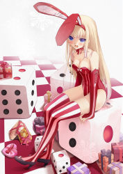 Rule 34 | 1girl, animal ears, bare shoulders, blonde hair, blue eyes, blush, breasts, checkered floor, cleavage, dice, elbow gloves, fake animal ears, floor, gift, gloves, highres, leotard, long hair, open mouth, original, oversized object, playboy bunny, rabbit ears, red thighhighs, ribbon, sitting, snowflakes, solo, spirtie, striped clothes, striped thighhighs, thighhighs, vertical-striped clothes, vertical-striped thighhighs