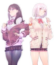 Rule 34 | 10s, 2girls, black hair, black skirt, blue eyes, blush, bow, bowtie, breasts, buttons, cardigan, closed mouth, collared shirt, cosplay, costume switch, duplicate, gridman universe, hand on own hip, highres, hip focus, jacket, kanjy00u, large breasts, light purple hair, long hair, long sleeves, multiple girls, off-shoulder jacket, off shoulder, open clothes, open jacket, orange scrunchie, pantyhose, pleated skirt, purple bow, purple jacket, purple neckwear, red bow, red neckwear, school uniform, scrunchie, shinjou akane, shirt, simple background, skirt, small breasts, smile, ssss.gridman, sweater, takarada rikka, thighs, white background, white shirt, white sweater, wrist scrunchie, zipper pull tab