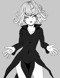 Rule 34 | 1girl, blood, blood on face, blood on hands, cowboy shot, dress, closed eyes, greyscale, highres, monochrome, one-punch man, open mouth, smile, solo, spoilers, tatsumaki, viper xtreme, viperxtr