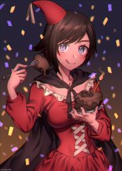 Rule 34 | 1girl, birthday, birthday cake, blouse, breasts, brown hair, cake, candle, cape, chocolate cake, commentary request, corset, food, fork, glitter, happy birthday, hat, highres, kio rojine, licking lips, looking at viewer, medium breasts, party hat, purple eyes, ruby rose, rwby, shirt, short hair, smile, solo, standing, tongue, tongue out