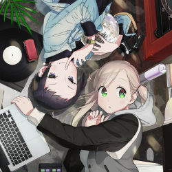 Rule 34 | (stag), 2girls, after hours, black hair, blonde hair, can, cellphone, disco ball, drink can, earrings, green eyes, headphones, highres, jewelry, macbook, multiple girls, official art, phone, phonograph, purple eyes, record, soda can, turntable, twintails, yuri