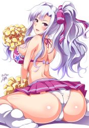 Rule 34 | 1girl, 2017, arched back, artist name, ass, bikini, bikini top only, blush, breasts, cheerleader, commentary request, dated, eyelashes, fat mons, from behind, hair ribbon, huge ass, idolmaster, idolmaster (classic), large breasts, lips, long hair, looking at viewer, looking back, midriff, miniskirt, open mouth, panties, pantyshot, pink bikini, pink skirt, pleated skirt, pom pom (cheerleading), purple eyes, ribbon, shijou takane, shiny skin, side ponytail, silver hair, simple background, sitting, skirt, smile, socks, solo, swimsuit, underwear, wariza, white background, white panties, white socks, yokoyama naoki