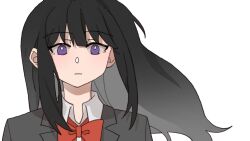 1girl black_hair black_jacket bright_pupils chinese_commentary closed_mouth collared_shirt commentary_request expressionless highres inoue_takina jacket long_hair long_sleeves looking_at_viewer lycoris_recoil purple_eyes school_uniform shirt simple_background solo upper_body white_background white_pupils white_shirt yanlingjinshilihuahua