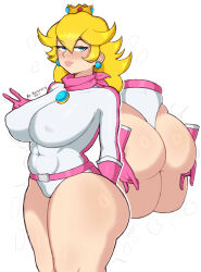 Rule 34 | 1girl, adapted costume, artist name, ass, belt, between buttocks, blonde hair, blue eyes, blush, breasts, covered abs, covered erect nipples, covered navel, crown, earrings, gloves, highres, huge ass, huge breasts, jewelry, leotard, lips, long hair, mario (series), mario kart, mario kart wii, mrmurkraig, nintendo, pink gloves, princess peach, scarf, smile, solo, thick thighs, thighs, v, white background, white leotard, wide hips
